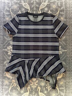 DKNY Navy Plaid Striped Short Sleeve Peplum Top Size M